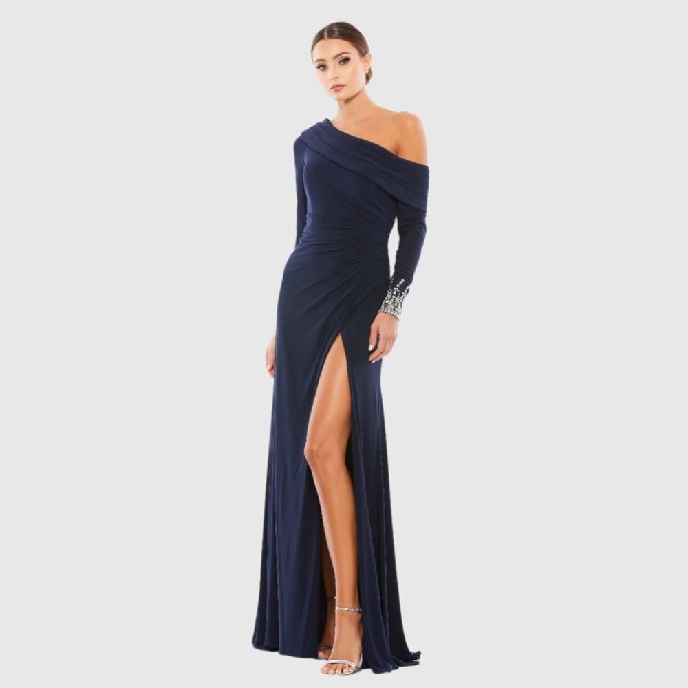 Mac Duggal Navy One-Shoulder Long Sleeve Evening Gown with High Slit
